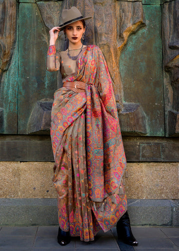Brown Jamawar Woven Organza Silk Saree – Traditional Elegance with Blouse Piece ClothsVilla