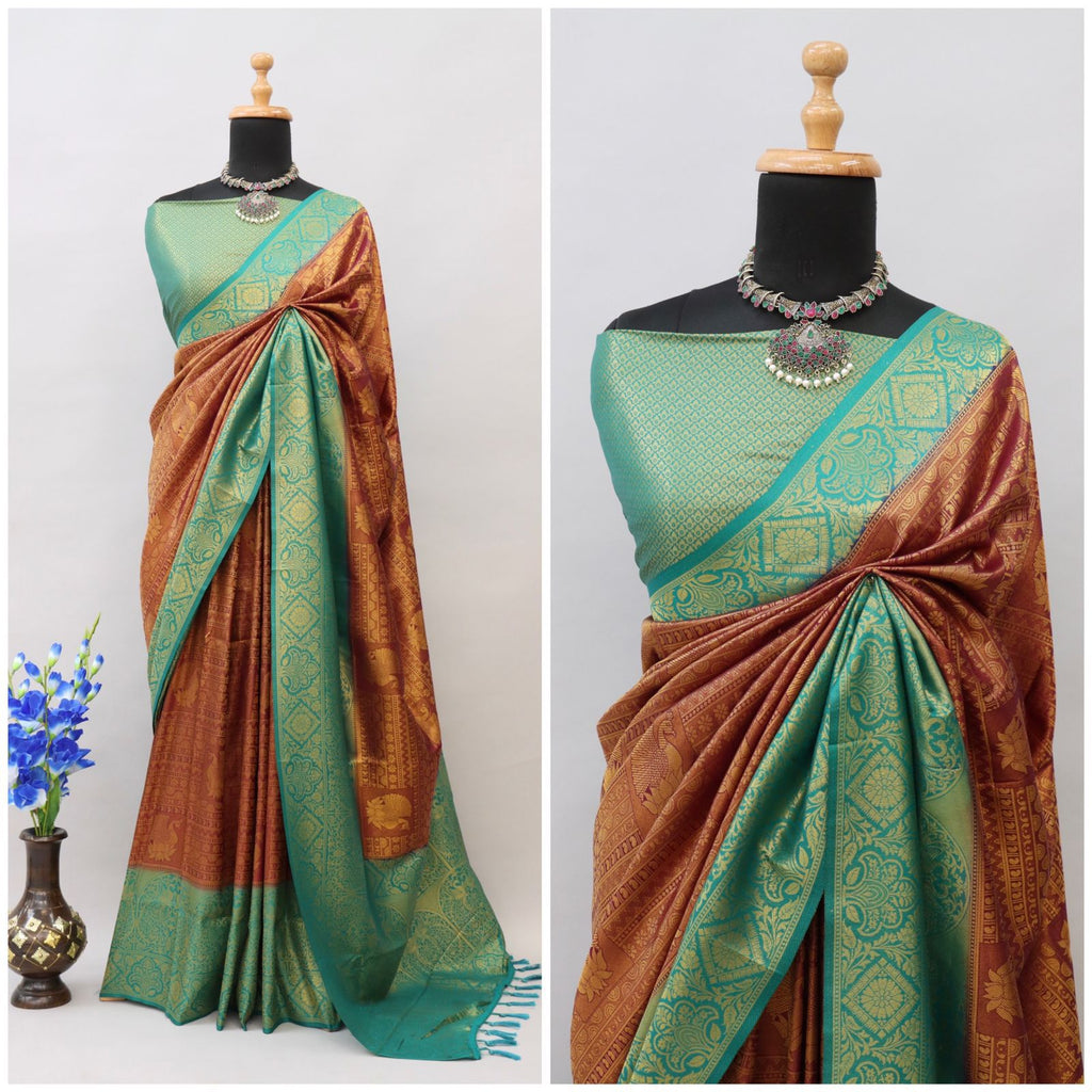 Brown Kuber Soft Silk Saree with Exquisite Golden Jari Work & Matching Blouse ClothsVilla