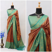 Load image into Gallery viewer, Brown Kuber Soft Silk Saree with Exquisite Golden Jari Work &amp; Matching Blouse ClothsVilla