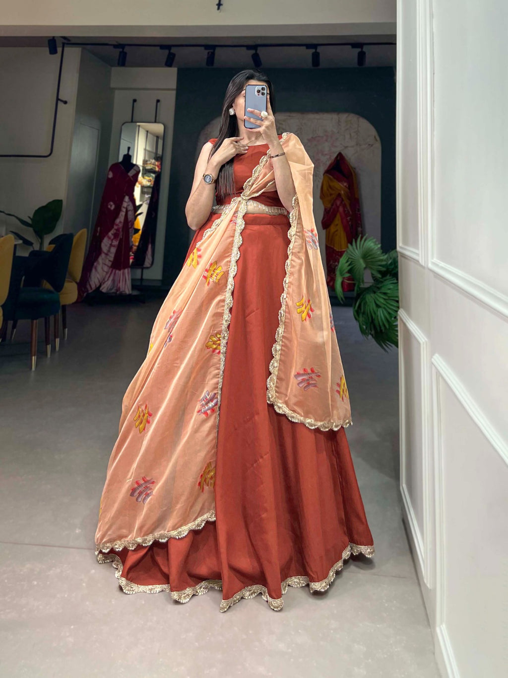 Brown Lehenga Choli Set with Organza Dupatta ClothsVilla