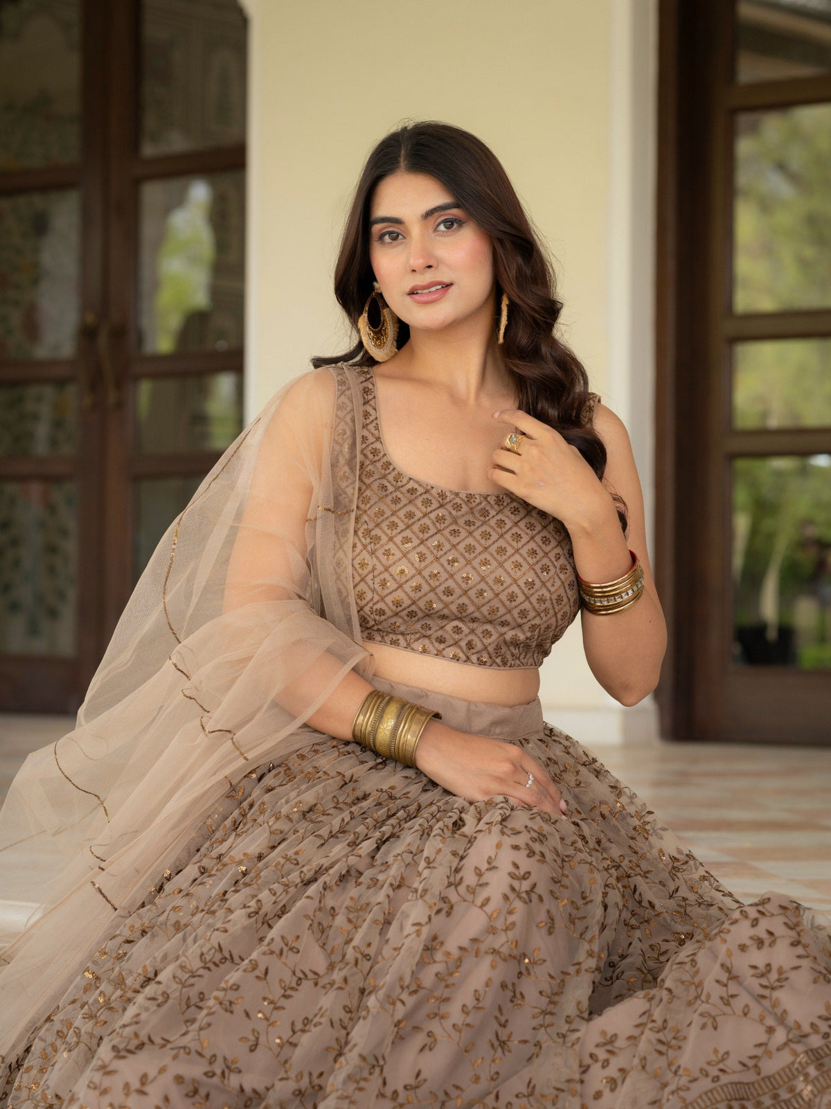 Brown Lehenga Choli with Zari, Sequin Work ClothsVilla