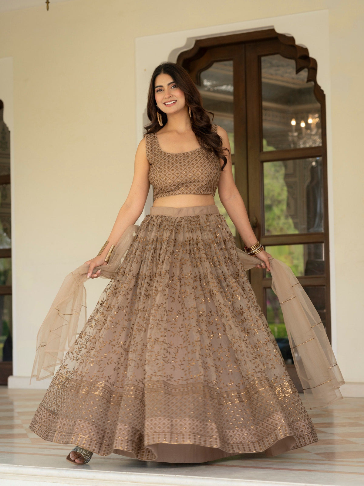 Brown Lehenga Choli with Zari, Sequin Work ClothsVilla
