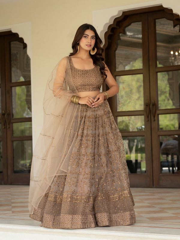Brown Lehenga Choli with Zari, Sequin Work ClothsVilla