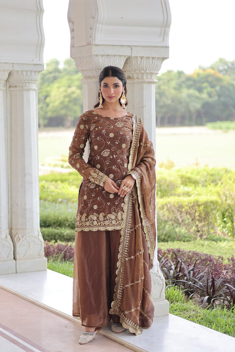 Brown Luxury Fendy Silk Sequins Embroidered Kurti with Sharara & Matching Cut-Work Dupatta Party & Festive Wear Set ClothsVilla Main image