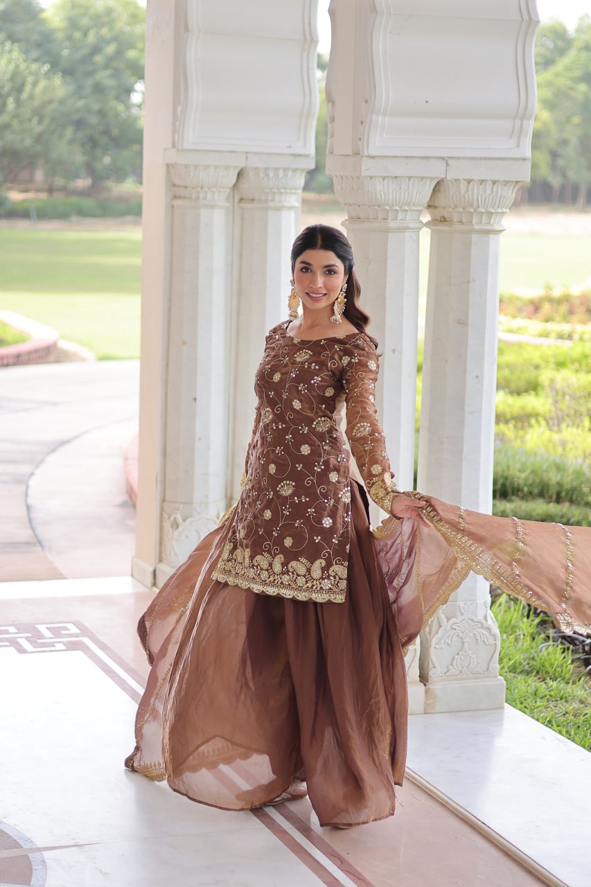 Brown Luxury Fendy Silk Sequins Embroidered Kurti with Sharara & Matching Cut-Work Dupatta Party & Festive Wear Set ClothsVilla