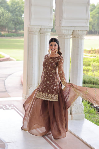 Brown Luxury Fendy Silk Sequins Embroidered Kurti with Sharara & Matching Cut-Work Dupatta Party & Festive Wear Set ClothsVilla
