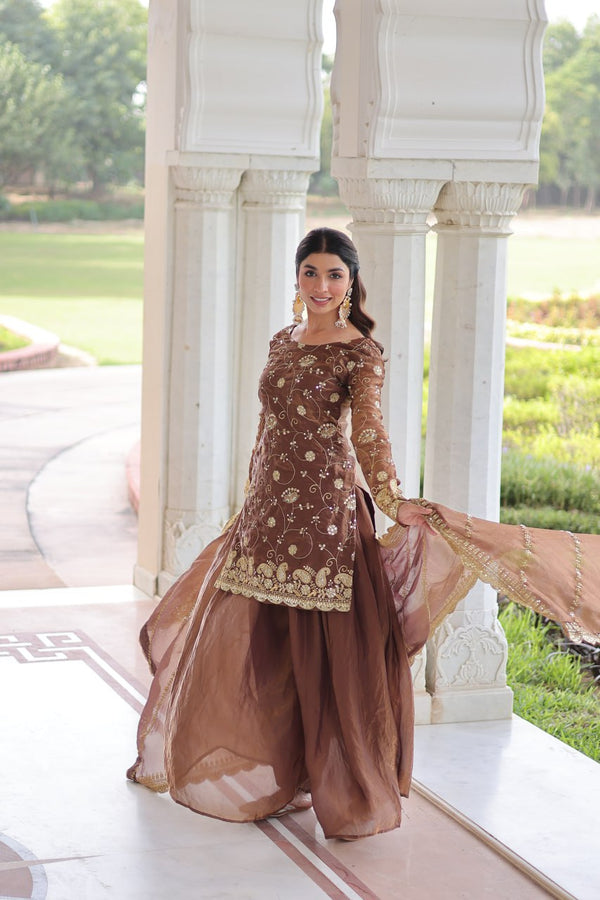 Brown Luxury Fendy Silk Sequins Embroidered Kurti with Sharara & Matching Cut-Work Dupatta Party & Festive Wear Set ClothsVilla