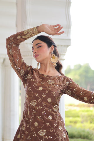 Brown Luxury Fendy Silk Sequins Embroidered Kurti with Sharara & Matching Cut-Work Dupatta Party & Festive Wear Set ClothsVilla