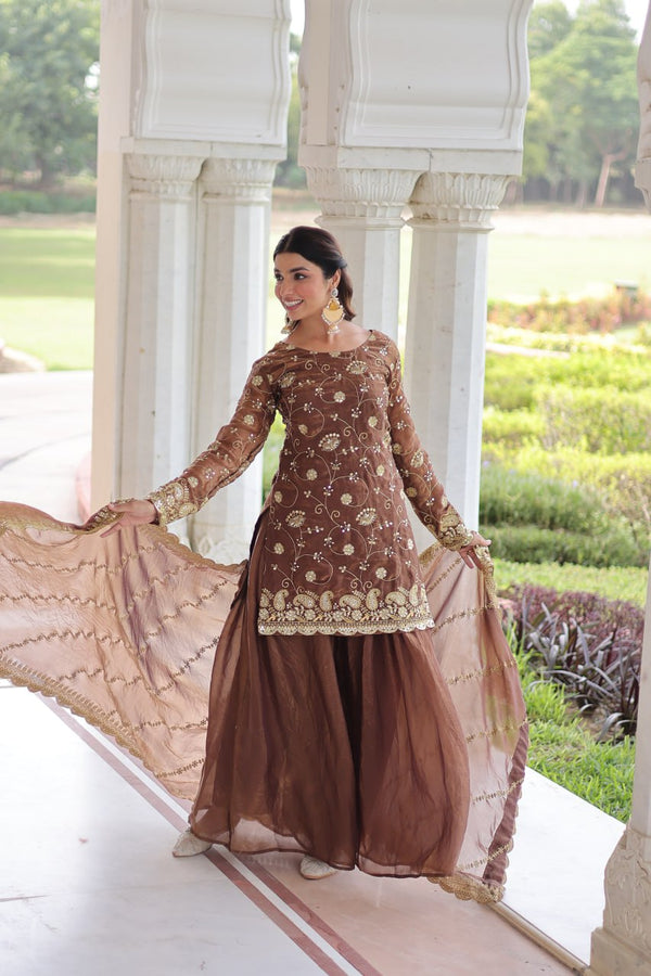 Brown Luxury Fendy Silk Sequins Embroidered Kurti with Sharara & Matching Cut-Work Dupatta Party & Festive Wear Set ClothsVilla