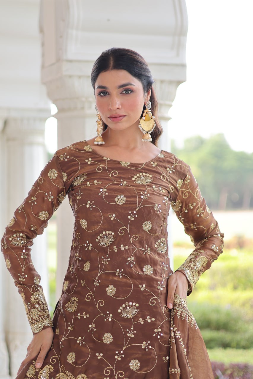 Brown Luxury Fendy Silk Sequins Embroidered Kurti with Sharara & Matching Cut-Work Dupatta Party & Festive Wear Set ClothsVilla