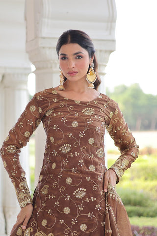 Brown Luxury Fendy Silk Sequins Embroidered Kurti with Sharara & Matching Cut-Work Dupatta Party & Festive Wear Set ClothsVilla