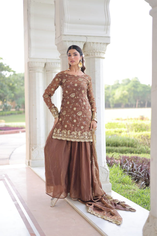 Brown Luxury Fendy Silk Sequins Embroidered Kurti with Sharara & Matching Cut-Work Dupatta Party & Festive Wear Set ClothsVilla
