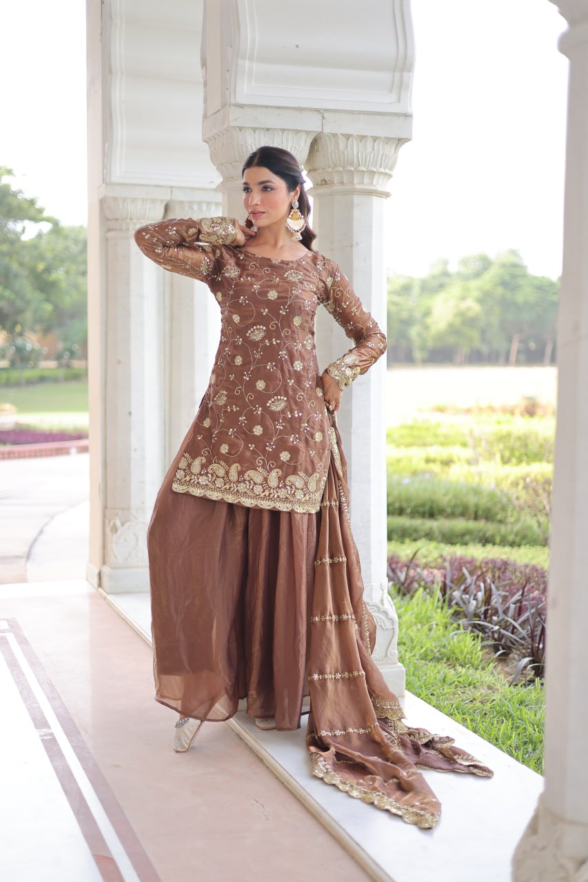 Brown Luxury Fendy Silk Sequins Embroidered Kurti with Sharara & Matching Cut-Work Dupatta Party & Festive Wear Set ClothsVilla