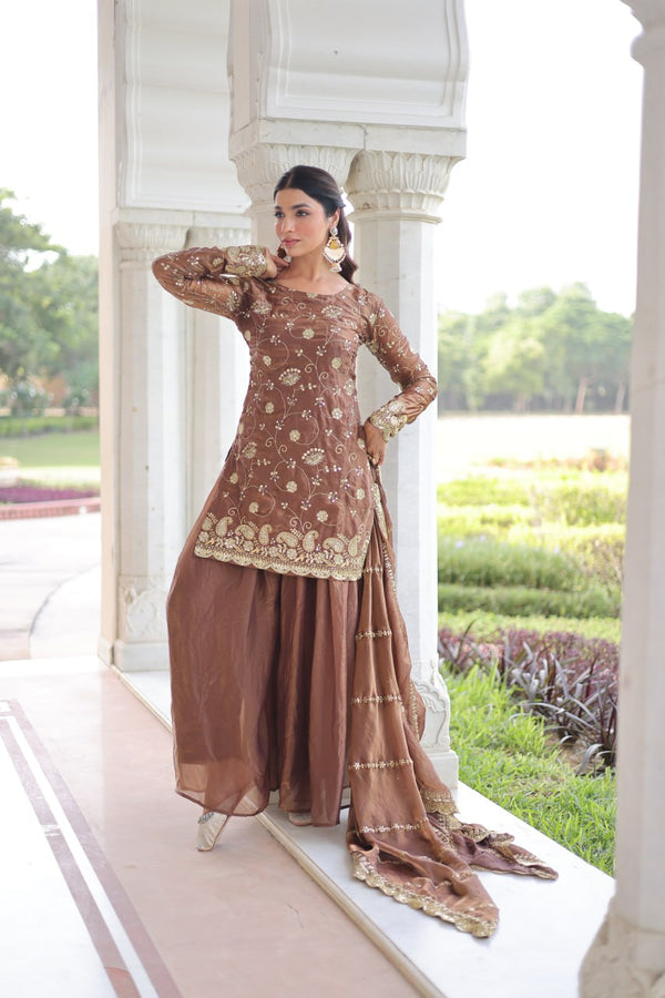 Brown Luxury Fendy Silk Sequins Embroidered Kurti with Sharara & Matching Cut-Work Dupatta Party & Festive Wear Set ClothsVilla