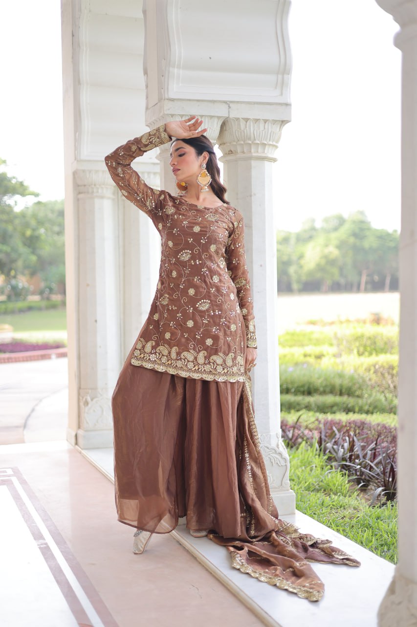 Brown Luxury Fendy Silk Sequins Embroidered Kurti with Sharara & Matching Cut-Work Dupatta Party & Festive Wear Set ClothsVilla