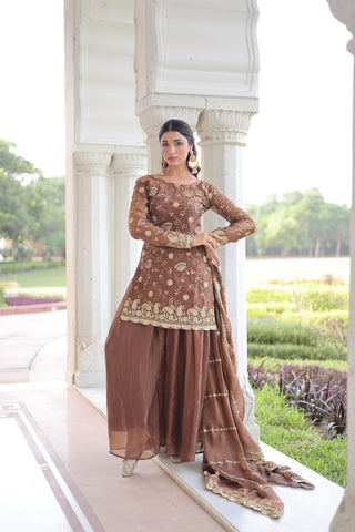 Brown Luxury Fendy Silk Sequins Embroidered Kurti with Sharara & Matching Cut-Work Dupatta Party & Festive Wear Set ClothsVilla