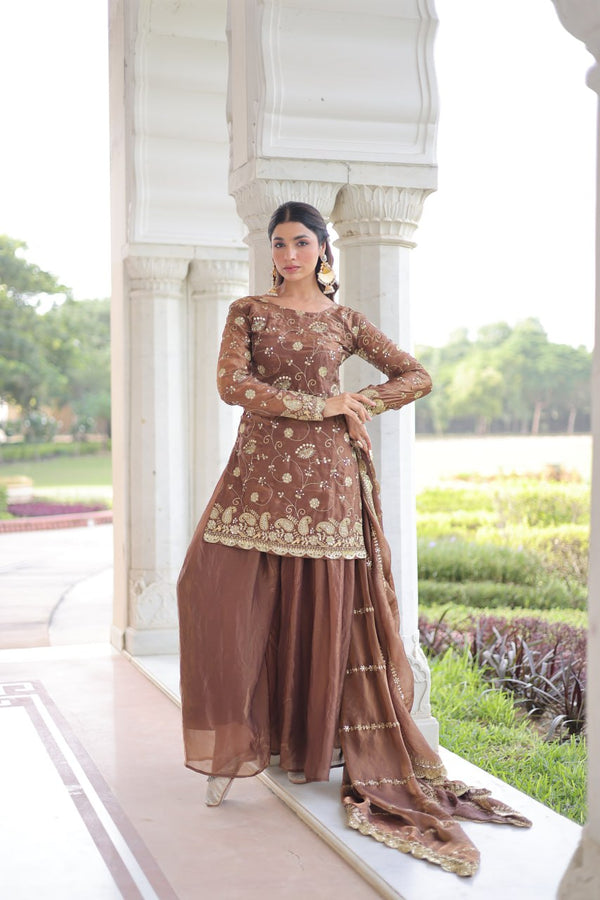 Brown Luxury Fendy Silk Sequins Embroidered Kurti with Sharara & Matching Cut-Work Dupatta Party & Festive Wear Set ClothsVilla