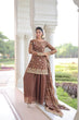 Load image into Gallery viewer, Brown Luxury Fendy Silk Sequins Embroidered Kurti with Sharara &amp; Matching Cut-Work Dupatta Party &amp; Festive Wear Set ClothsVilla