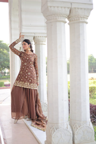 Brown Luxury Fendy Silk Sequins Embroidered Kurti with Sharara & Matching Cut-Work Dupatta Party & Festive Wear Set ClothsVilla