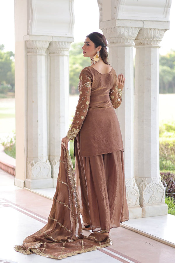 Brown Luxury Fendy Silk Sequins Embroidered Kurti with Sharara & Matching Cut-Work Dupatta Party & Festive Wear Set ClothsVilla