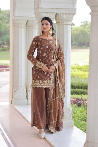 Brown Luxury Fendy Silk Sequins Embroidered Kurti with Sharara & Matching Cut-Work Dupatta Party & Festive Wear Set ClothsVilla