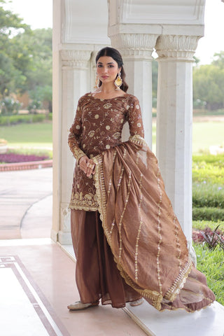 Brown Luxury Fendy Silk Sequins Embroidered Kurti with Sharara & Matching Cut-Work Dupatta Party & Festive Wear Set ClothsVilla