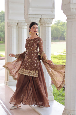 Brown Luxury Fendy Silk Sequins Embroidered Kurti with Sharara & Matching Cut-Work Dupatta Party & Festive Wear Set ClothsVilla