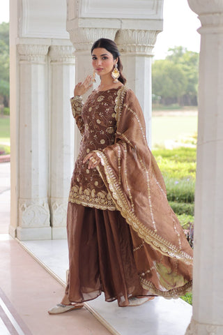 Brown Luxury Fendy Silk Sequins Embroidered Kurti with Sharara & Matching Cut-Work Dupatta Party & Festive Wear Set ClothsVilla