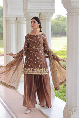 Brown Luxury Fendy Silk Sequins Embroidered Kurti with Sharara & Matching Cut-Work Dupatta Party & Festive Wear Set ClothsVilla