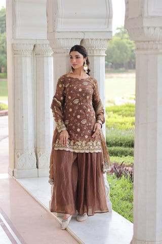 Brown Luxury Fendy Silk Sequins Embroidered Kurti with Sharara & Matching Cut-Work Dupatta Party & Festive Wear Set ClothsVilla