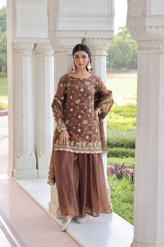 Brown Luxury Fendy Silk Sequins Embroidered Kurti with Sharara & Matching Cut-Work Dupatta Party & Festive Wear Set ClothsVilla