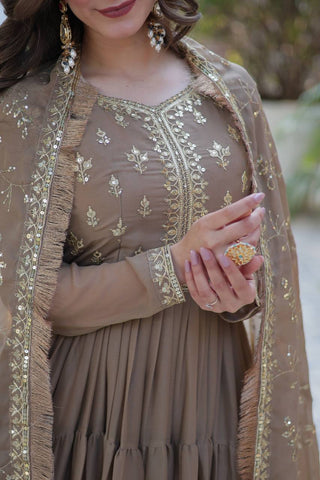 Brown Luxury Star Georgette Gown with Designer Embroidered Dupatta – 5-Layer Frill Flai