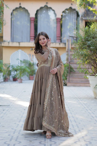 Brown Luxury Star Georgette Gown with Designer Embroidered Dupatta – 5-Layer Frill Flai