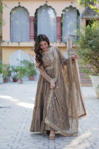 Brown Luxury Star Georgette Gown with Designer Embroidered Dupatta – 5-Layer Frill Flai