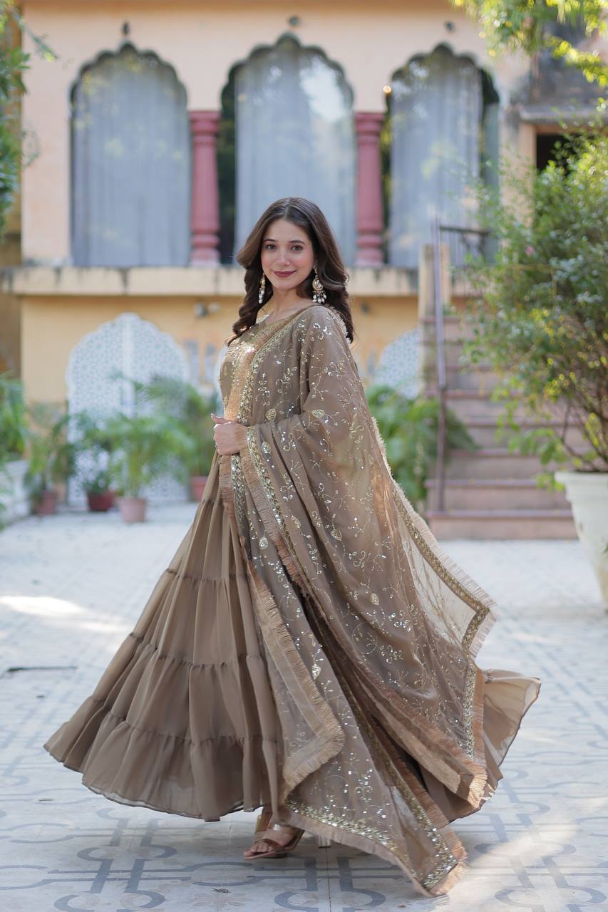 Brown Luxury Star Georgette Gown with Designer Embroidered Dupatta – 5-Layer Frill Flai