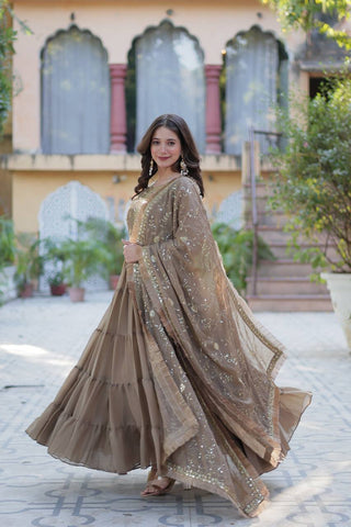 Brown Luxury Star Georgette Gown with Designer Embroidered Dupatta – 5-Layer Frill Flai