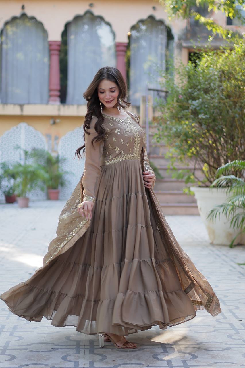 Brown Luxury Star Georgette Gown with Designer Embroidered Dupatta – 5-Layer Frill Flai