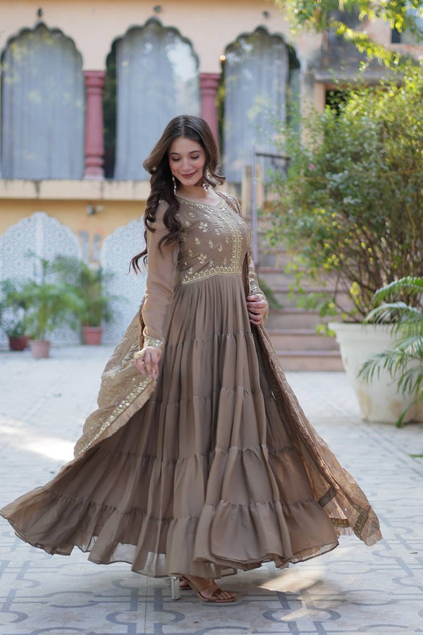Brown Luxury Star Georgette Gown with Designer Embroidered Dupatta – 5-Layer Frill Flai