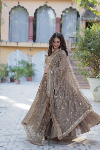 Brown Luxury Star Georgette Gown with Designer Embroidered Dupatta – 5-Layer Frill Flai