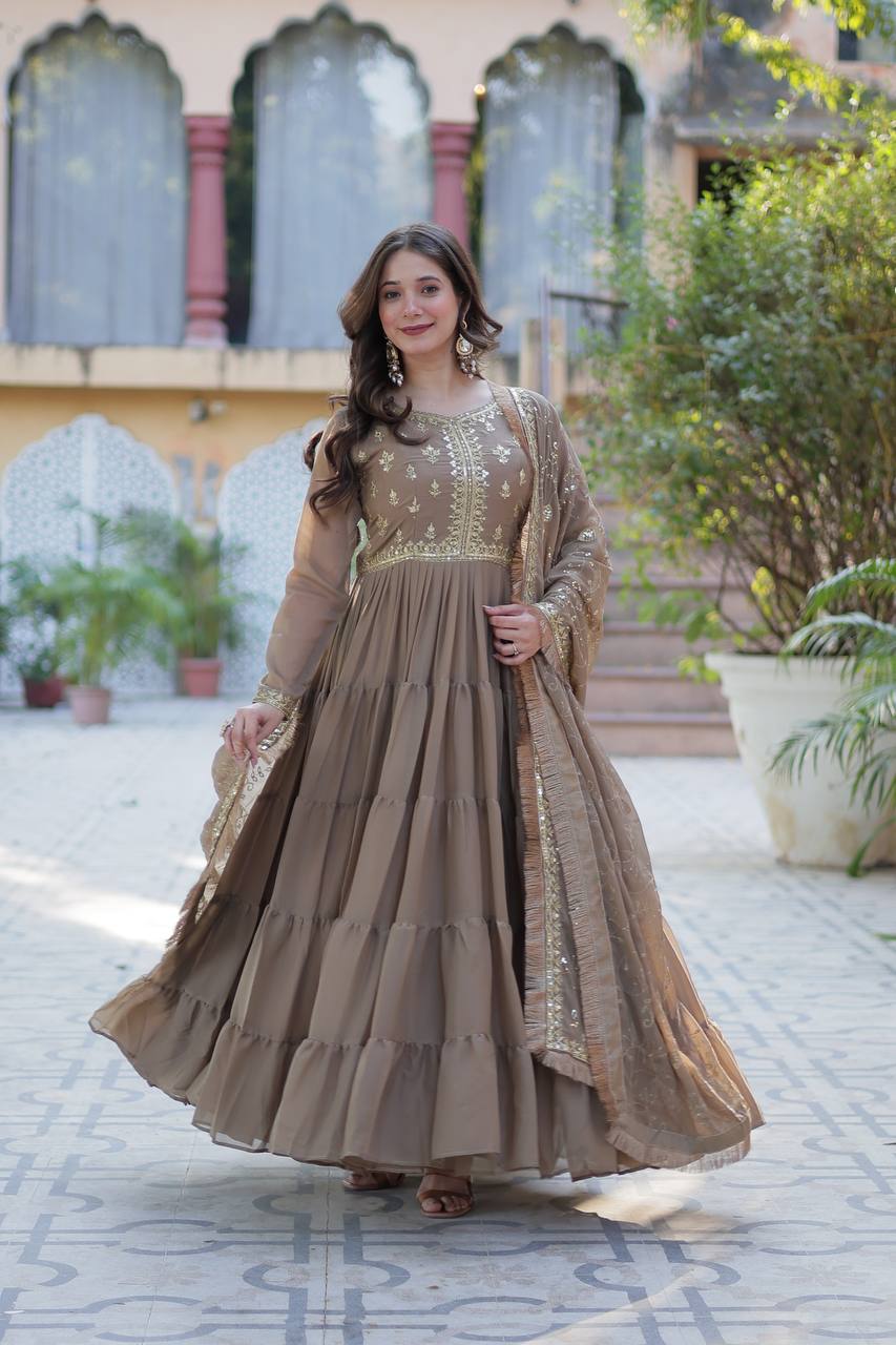 Brown Luxury Star Georgette Gown with Designer Embroidered Dupatta – 5-Layer Frill Flai