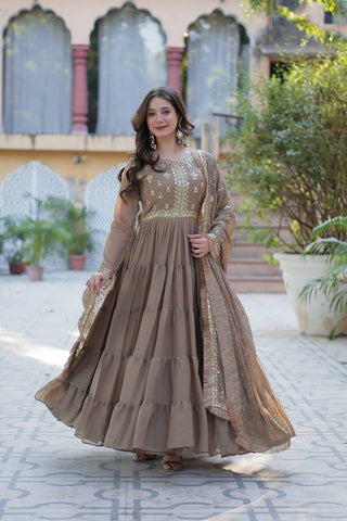 Brown Luxury Star Georgette Gown with Designer Embroidered Dupatta – 5-Layer Frill Flai