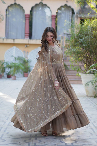 Brown Luxury Star Georgette Gown with Designer Embroidered Dupatta – 5-Layer Frill Flai