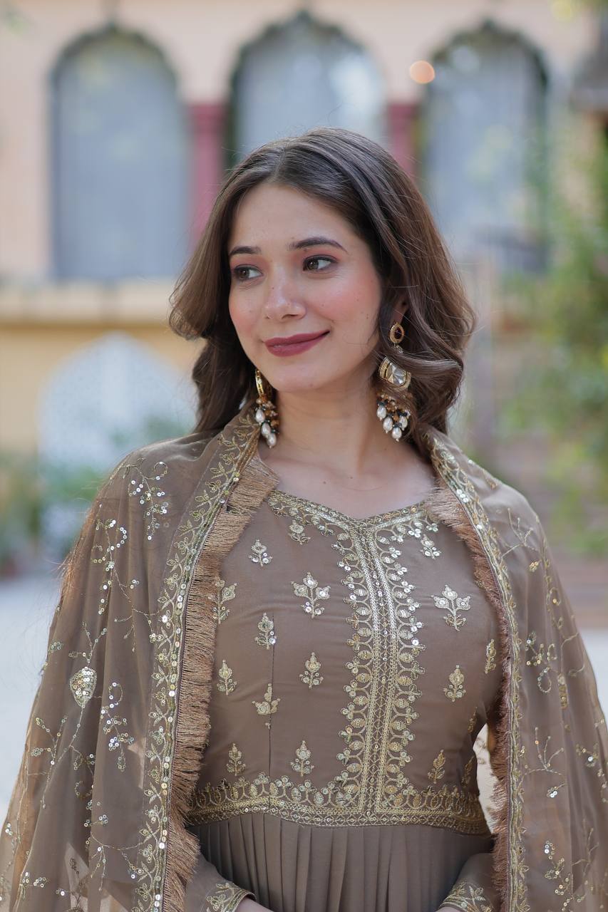 Brown Luxury Star Georgette Gown with Designer Embroidered Dupatta – 5-Layer Frill Flai
