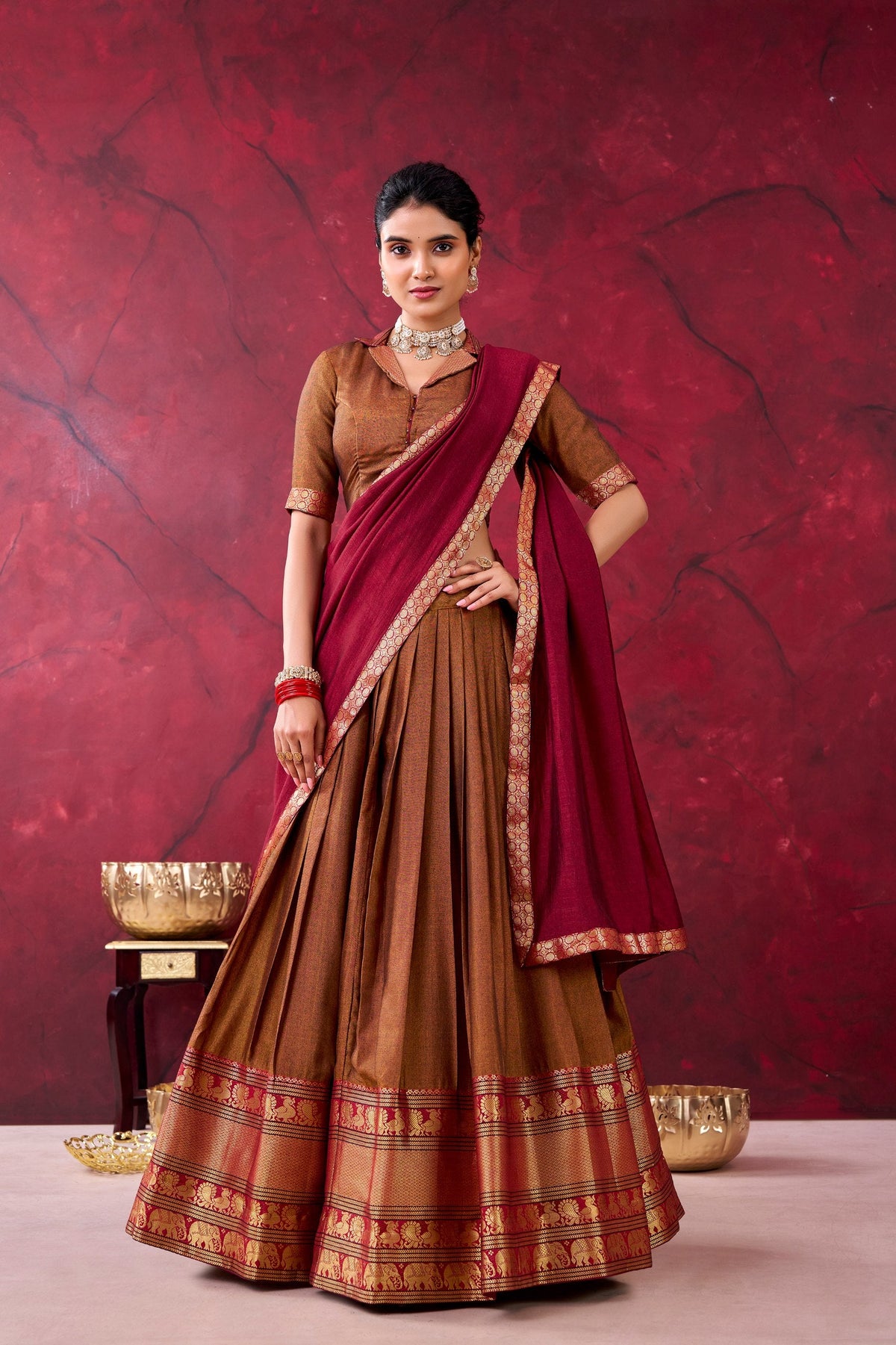 Brown Narayan Pet Cotton Lehenga Set ClothsVilla Main image