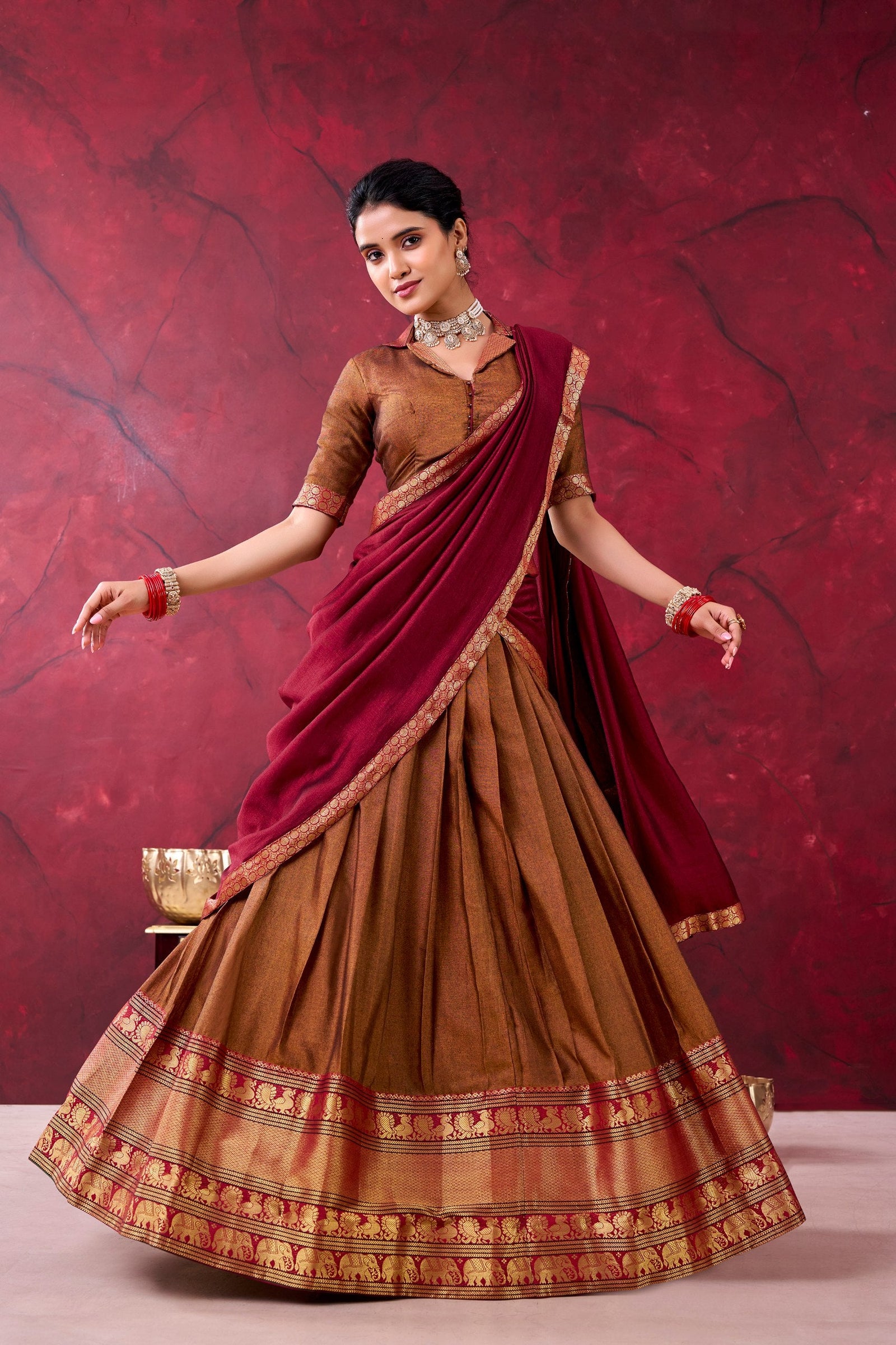 Brown Narayan Pet Cotton Lehenga Set ClothsVilla