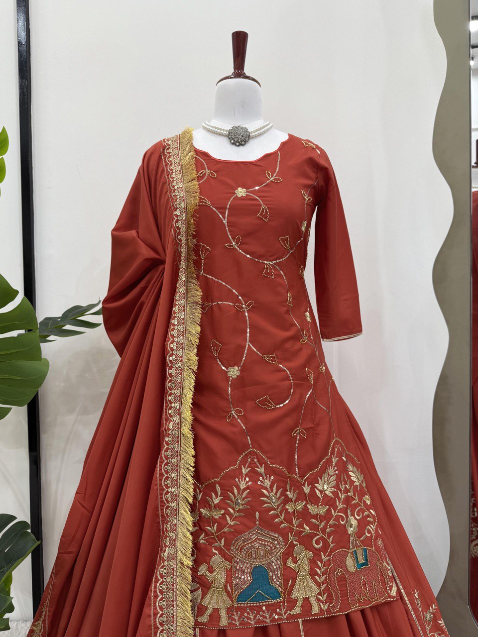 Brown Natural Crepe Silk Embroidered Lehenga Set with Beads, Sequins & Dupatta ClothsVilla