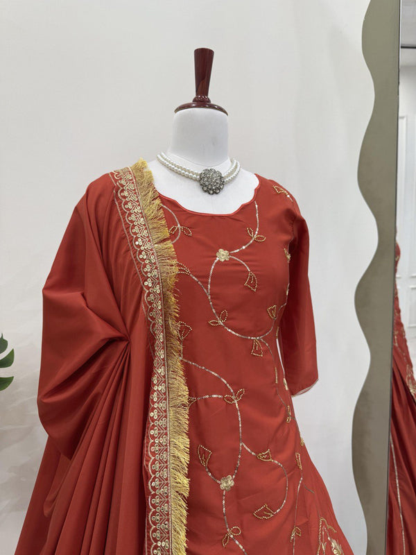 Brown Natural Crepe Silk Embroidered Lehenga Set with Beads, Sequins & Dupatta ClothsVilla