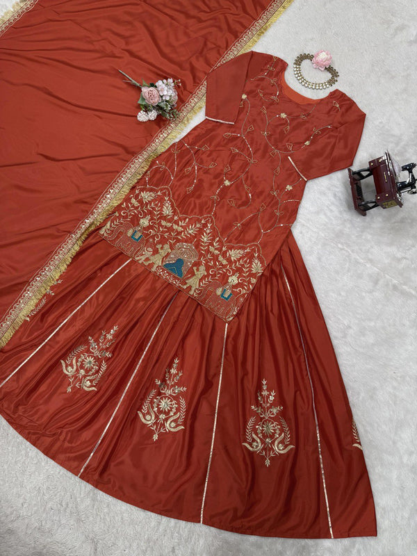 Brown Natural Crepe Silk Embroidered Lehenga Set with Beads, Sequins & Dupatta ClothsVilla