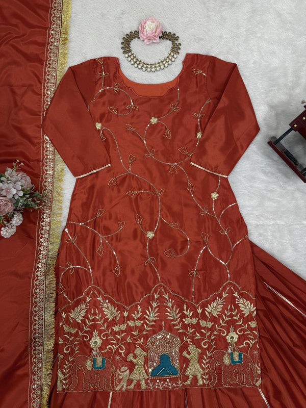 Brown Natural Crepe Silk Embroidered Lehenga Set with Beads, Sequins & Dupatta ClothsVilla