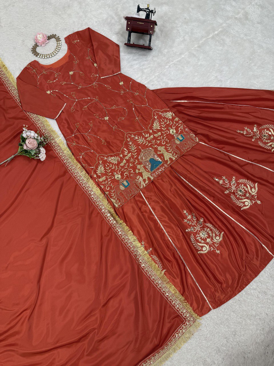 Brown Natural Crepe Silk Embroidered Lehenga Set with Beads, Sequins & Dupatta ClothsVilla